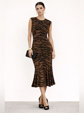 Norma Kamali Tiger Print Sleeveless  Fishtail Midi Brown Black Stretch Dress L